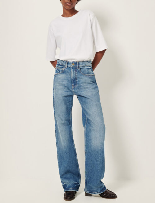 Jean droit long coupe décontractée en denim stonewashed à l'effet authentique. Taille moyenne. 100% coton biologique certifié GOTS jean sessun denimi stoneblue