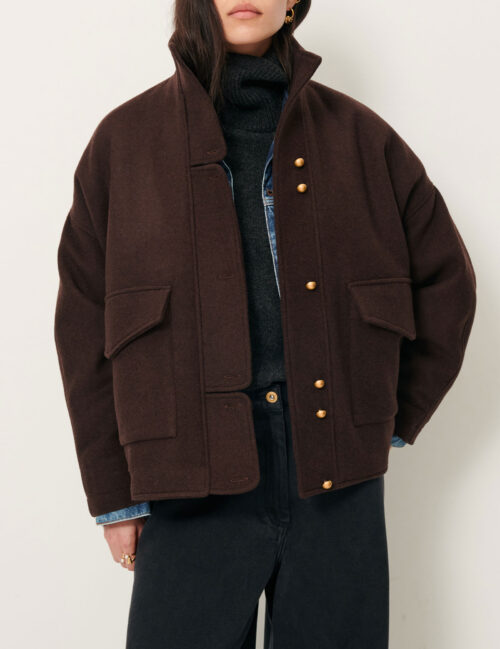 dos Manteau court marron en laine oversize Poches plaquées à rabats, patte de boutonnage asymétrique. reference east side coffea marron