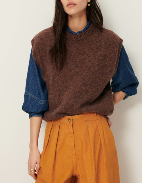 Pull sans manches pour femme tricoté en laine mérinos. 100% laine mérinos certifiée RWS. Référence FABINIO Agate Brown Sessùn. marron chiné violet