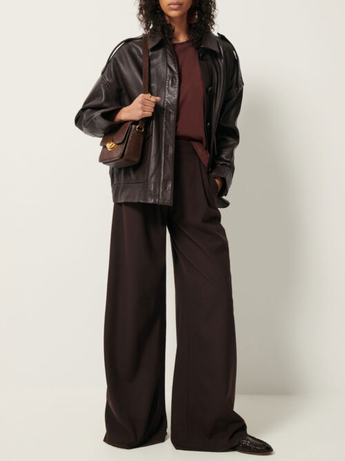 total look Veste en cuir oversize marron, style blouson aviateur 100% cuir d'agneau reference sessun harriboyd cuir coffee marron