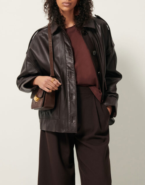 Veste en cuir oversize, style blouson aviateur, poches plaquées 100% cuir d'agneau reference sessun harriboyd cuir coffee marron