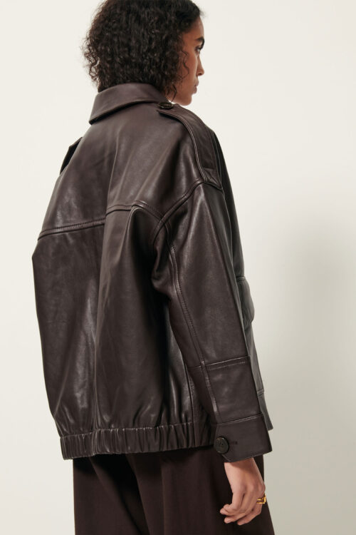 dos Veste en cuir oversize, style aviateur, poches plaquées 100% cuir d'agneau reference sessun harriboyd cuir coffee marron