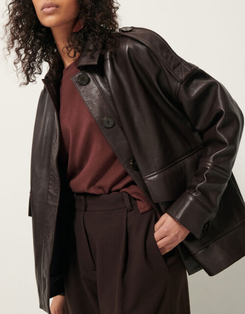 Veste en cuir oversize, style aviateur 100% cuir d'agneau reference sessun harriboyd cuir coffee marron