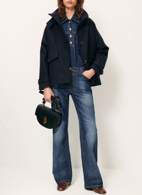 total look blouson manteau à col montant en laine, tissé en Italie. laine , référence sessun lee wolly navy marine