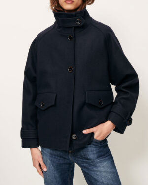 détail manteau à col montant en laine, tissé en Italie. laine , Polyamide, référence sessun lee wolly navy marine
