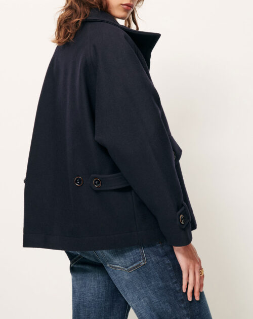 dos manteau à col montant en laine, tissé en Italie. 70% laine recyclée, 25% Polyamide, 5% autres fibres - référence sessun lee wolly navy marine