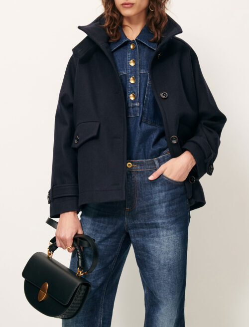 col blouson à col montant et manches raglan en laine, tissé en Italie. 70% laine recyclée, 25% Polyamide, 5% autres fibres - référence sessun lee wolly navy marine