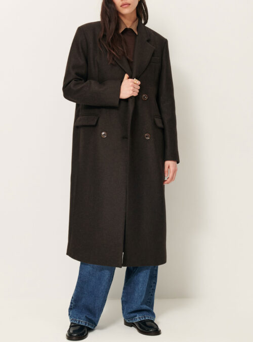 Manteau long, droit et épaulé en tissu de laine, tissé en Italie. Laine recyclée certifiée GRS, Polyamide, reference sessun nara teck-marron