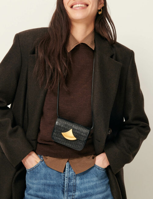 Manteau long, droit et épaulé avec fermeture à double boutonnage en tissu de laine sergé avec des fils bicolores à effet marbré, tissé en Italie. 65% Laine recyclée certifiée GRS, 32% Polyamide recyclé certifié GRS, 3% Autres fibres, reference sessun nara teck-marron