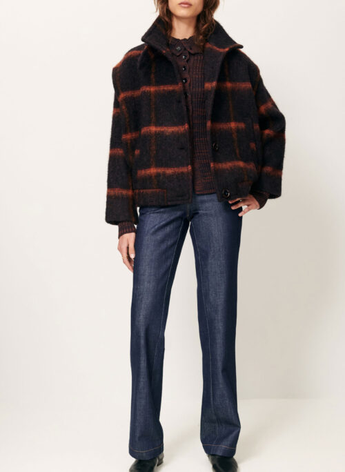 total look blouson velours laine à carreaux marine et orange à effet duveteux, tissé en Italie. Coton, Polyester , Laine vierge, Alpaga, 3% Autres fibres, 2% Polyamide, 1% Elasthanne. reference sessun paolino navy rust
