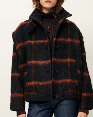 Veste courte velours de laine à carreaux marine et orange à effet duveteux, tissé en Italie. Coton, Polyester , Laine vierge, Alpaga, 3% Autres fibres, 2% Polyamide, 1% Elasthanne. reference sessun paolino navy rust