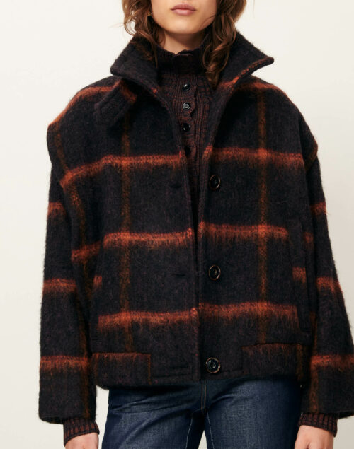 Veste courte velours de laine à carreaux marine et orange à effet duveteux, tissé en Italie. Coton, Polyester , Laine vierge, Alpaga, 3% Autres fibres, 2% Polyamide, 1% Elasthanne. reference sessun paolino navy rust