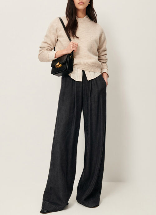 total look Pull laine mérinos écru. 100% laine mérinos certifiée RWS. Référence SILTY dark stone Sessùn.