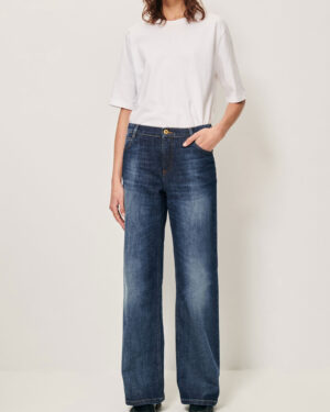 Jean droit taille moyenne en denim stonewashed extensible. surpiqûres contrastées. reference Sessun vega melody blue coton, élasthanne