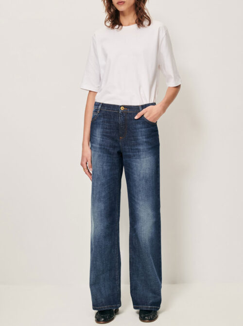 Jean droit taille moyenne en denim stonewashed extensible. surpiqûres contrastées. reference Sessun vega melody blue coton, élasthanne