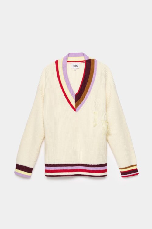 pull écru à manches longues avec détails rayures colorées pour femme de la marque cks. col en v. cks princetor pull femme wtm