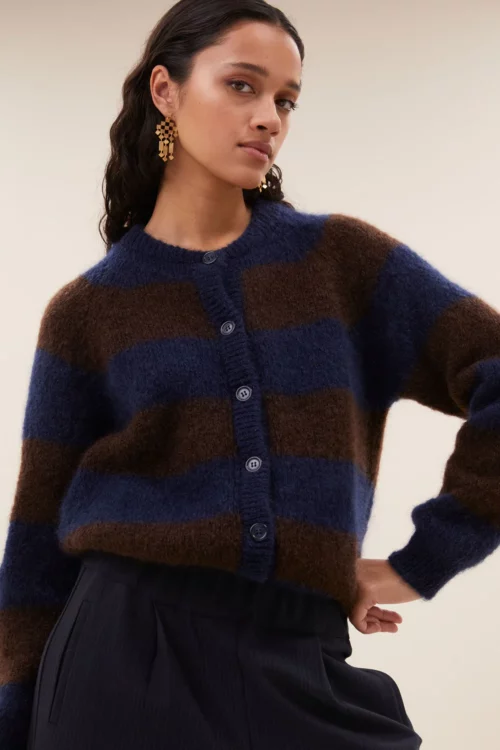 BY-BAR SIAN Cardigan Dark Brown Stripe