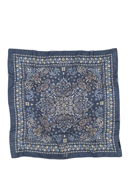 Bandana.Maison lecomte flament.Navy.100% coton.imprimés rose ciel et beige.Carré de 100x100 cm.Faro foulard bandana navy.MAISON LECOMTE FLAMENT FARO Foulard Bandana Coton.Echarpe