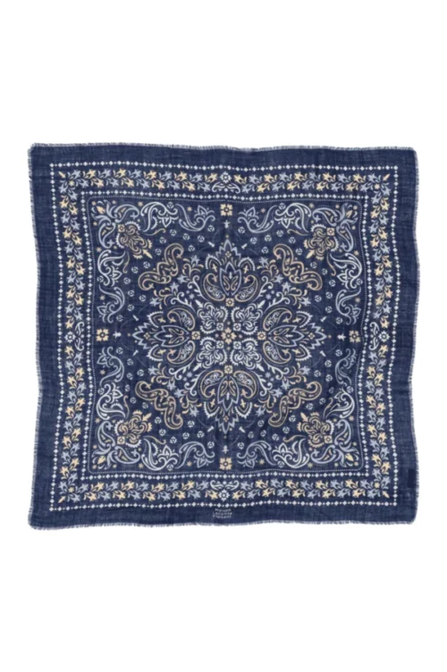 Carré 100x100 cm.Foulard.Bandana.Echarpe.Navy.Bleu marine.Motif bleu ciel,beige.MAISON LECOMTE FLAMENT FARO Foulard Laine et Soie