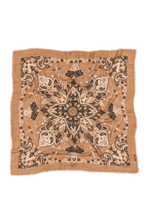 MAISON LECOMTE FLAMENT Foulard Bandana Camel Laine et Soie.Echarpe.Camel écru et noire.100x100 cm