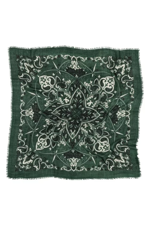 MAISON LECOMTE FLAMENT Foulard Bandana Vert Forêt Laine et Soie.100x100 cm.Echarpe.Carré.motif rosace noir blanc vert.
