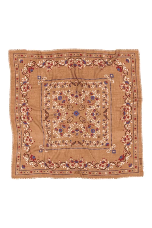 MAISON LECOMTE FLAMENT SECRET GARDEN Foulard Camel Laine et Soie.Camel.Fleuri.Fleurs rouge,bleu,blanches.Carré 100x100CM.Bandana.Echarpe.