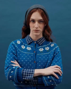 EMILE ET IDA CAMOMILLE Cardigan Jacquard Fleurs Royal
