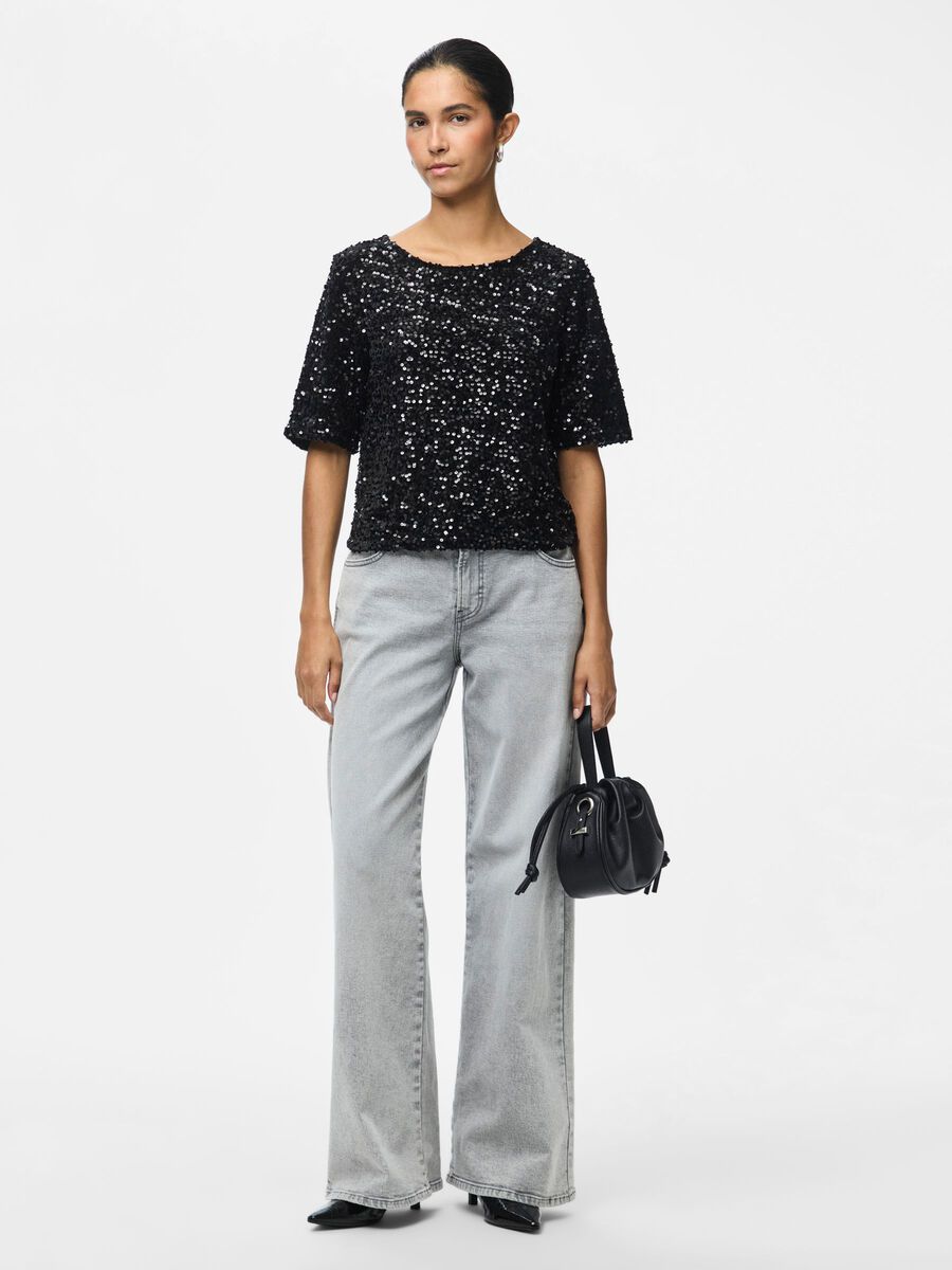 PIECES PCKAM Top Manches Courtes Femme à Sequins Noir – Image 3