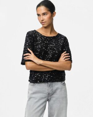 PIECES PCKAM Top Manches Courtes Femme à Sequins Noir