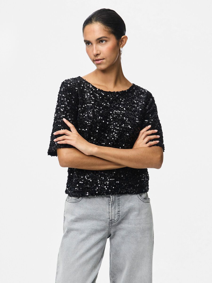 PIECES PCKAM Top Manches Courtes Femme à Sequins Noir
