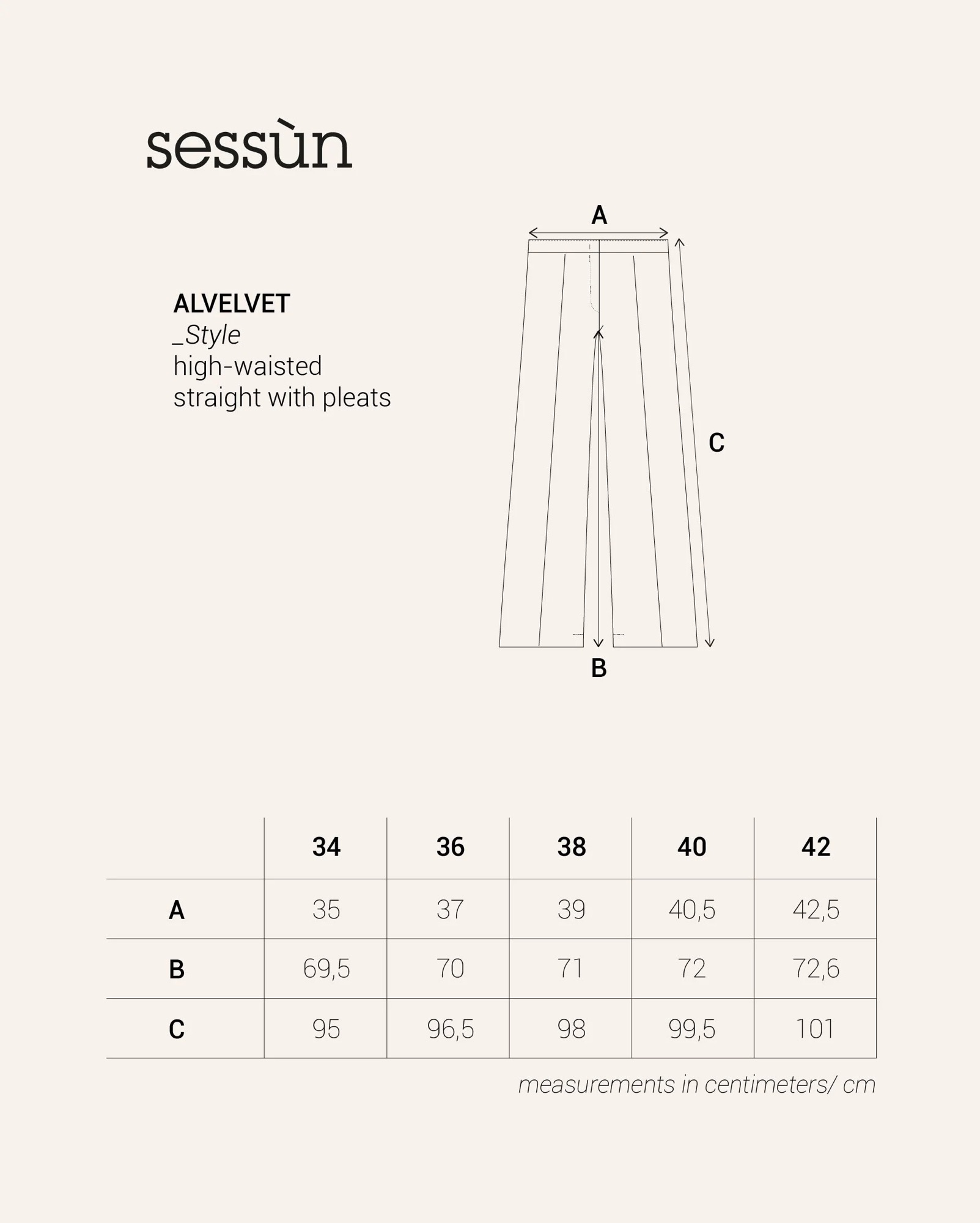 guide des tailles SESSUN ALVELVET Pantalon Sous-Bois